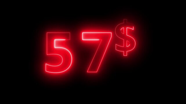 Neon 57 dollar price tag animation motion graphics business, technology, internet and networking concept. 4k video animation on background.