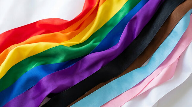 Colorful satin ribbons with smooth texture in rainbow arrangement, representing diversity, inclusion, support, and pride, on white surface