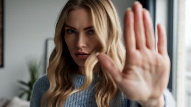 Woman with hand up, stop gesture, looking at the camera, portrait.