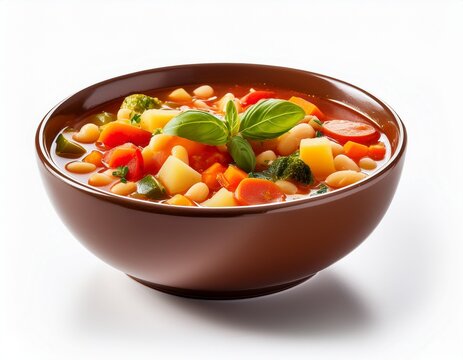 a bowl of italian minestrone hearty vegetable soup isolated on white background
