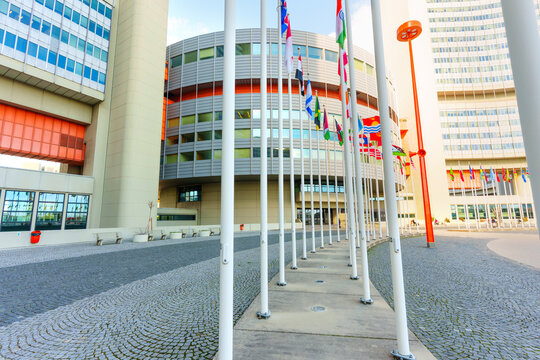 Vienna, Austria - February 25, 2026: International Flags Flying at the Vienna International Centre