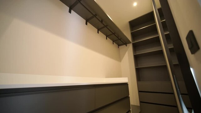 Modern minimalist walk-in wardrobe with wooden shelves and LED lighting.