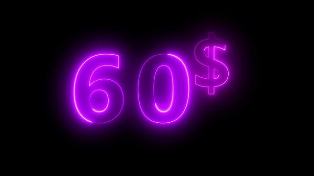 Neon 60 dollar price tag animation motion graphics business, technology, internet and networking concept. 4k video animation on background.