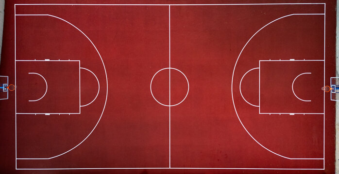 Basketball Court With Red Surface and White Markings, aerial overhead