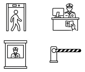 Fototapeta premium Line art security checkpoint set featuring a metal detector, border control officer, security guard booth, and barrier gate for access control