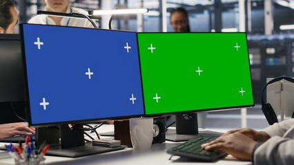 Data center engineer using green screen PC to monitor neural network AI. Server room employee using...