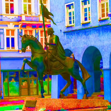 High-saturation, posterized artistic image of an equestrian statue in front of a city building