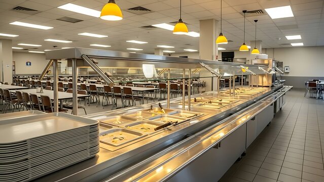 Serving line with food trays and seating area in a dining hall at lunch time