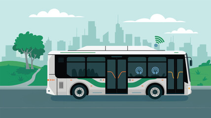 White electric bus with green accents drives past the park and the city skyline, public transport © srdesignhouse