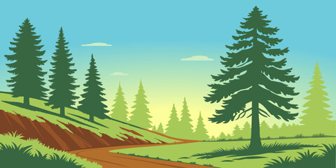 Mountain landscape with pine trees and scenic forest view under soft sky gradient. Clean flat vector illustration for outdoor adventure, hiking, travel and environment themes. © yossi