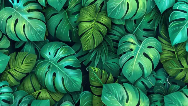 Monstera Leaves Pattern: a close-up overhead view of overlapping vibrant monstera leaves, in varying shades of green, showcasing intricate textures.