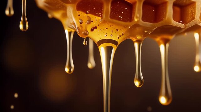 Honey dripping from a honeycomb, a macro video of viscous liquid flowing slowly downwards