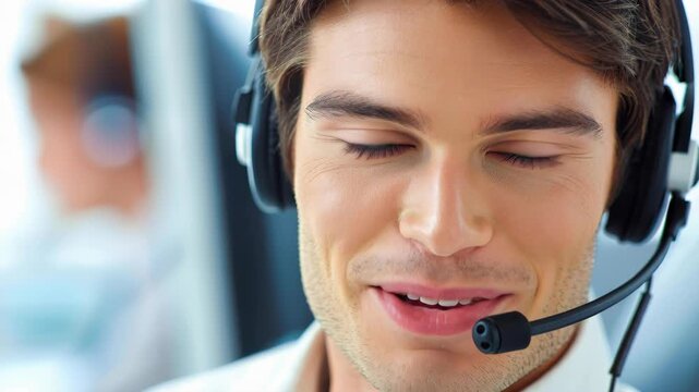 Focused Customer Support Representative: A close-up shot of a customer service professional, eyes gently closed in focused concentration, communicating with clients.