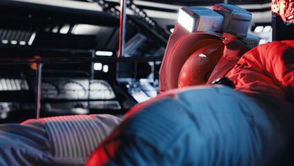 Fototapeta premium Spaceman collapses after oxygen levels drop suddenly due to spaceship hull breach. Orbital station crew member loses consciousness from environmental failure caused by damaged equipment