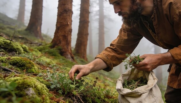 Forager gathering wild herbs into a canvas bag on a misty forest floor during a damp morning