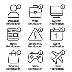 Notification icons: personal, work, system, news, emergency, event, shopping
