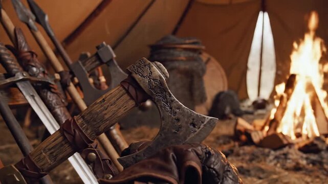 Viking Weapons Displayed in a Tent with a Fire Burning.