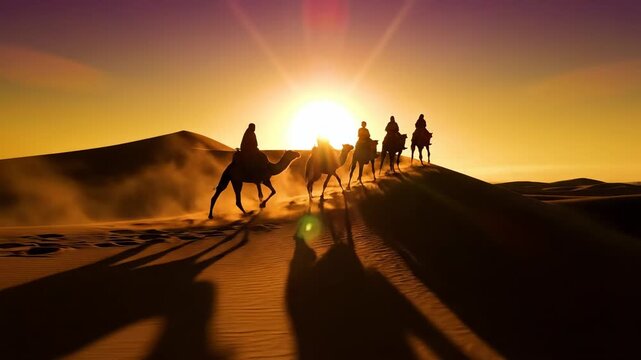Desert Caravan Silhouette at Sunset - A Majestic Journey.