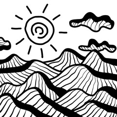 Hand drawn mountain waves and ocean waves with clouds and sun
