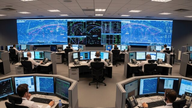 Air traffic control center operations room with screens and personnel