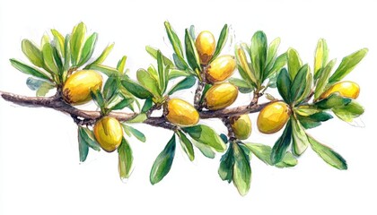 Vibrant illustration of olive branch with ripe olives showcasing rich green leaves and yellow fruit