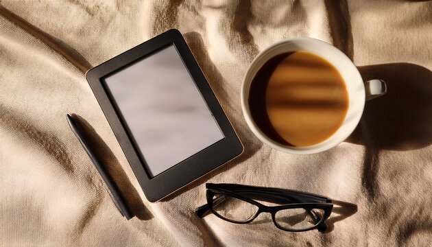 e reader coffee and eyeglasses on beige fabric in natural morning light