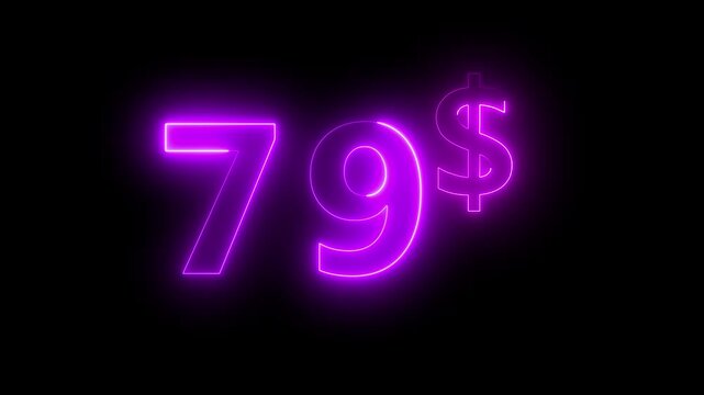 Neon 79 dollar price tag animation motion graphics business, technology, internet and networking concept. 4k video animation on background.