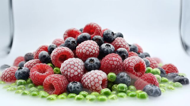 Frozen berries composition with vapor on white background