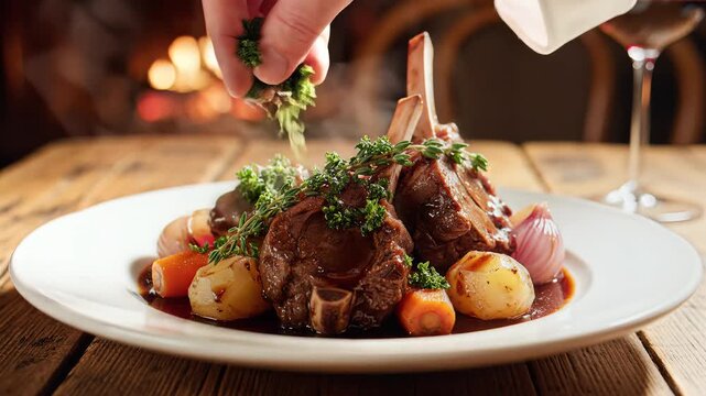 Gourmet dish of roasted meat and vegetables on white plate near wine glass