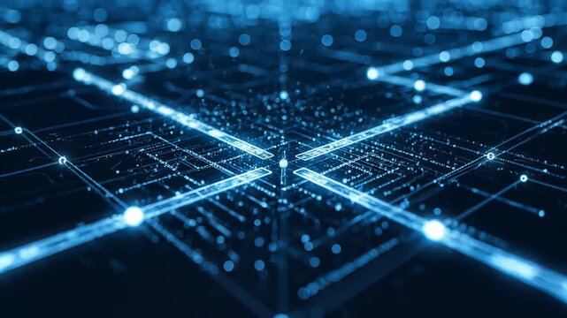Glowing green data network grid rotating in cinematic sci-fi atmosphere in HD.