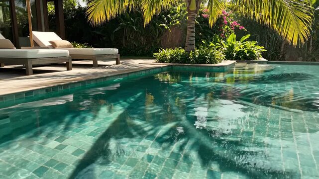 Beautiful swimming pool with palm trees and relaxing sunbeds.