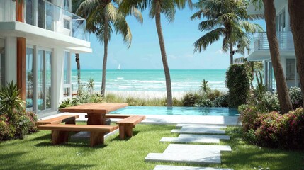 Fototapeta premium Beachfront property with pool and dining area under tropical sunshine