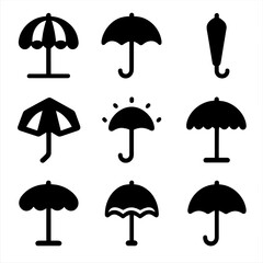 Fototapeta premium Variety of umbrella icons: modern black silhouettes on gradient background