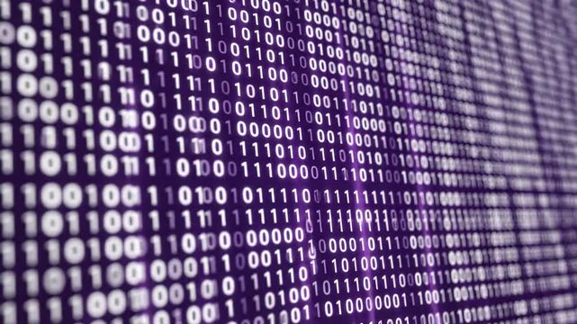 Abstract digital stream of binary code flowing in purple hues representing data transfer and technology concepts.