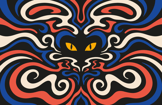Black psychedelic background with fluid, swirling lines and vivid glowing cat eyes at the center. Hypnotic abstract design with vibrant colors, mystical atmosphere, and surreal fantasy mood.