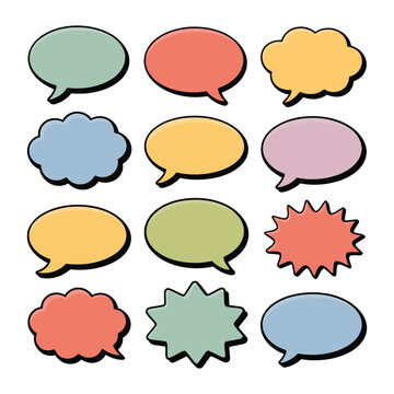 Colorful Dialogues: A vibrant collection of speech bubbles in a variety of shapes and pastel hues, perfect for expressing ideas, thoughts, and conversations.