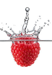 ripe red raspberry captured in dynamic macro high-speed photography, emerging from clear water with a spectacular splash, frozen mid-air on a transparent background. concept of extreme freshness and