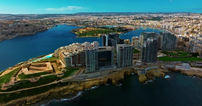 Aerial view of Sliema with modern real estate and a beautiful waterfront. Malta, Mediterranean, Europe