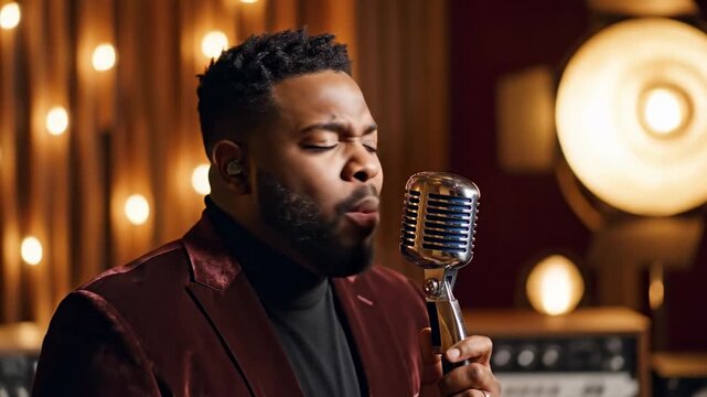 Soulful Singer Performing Live on Stage with Microphone.