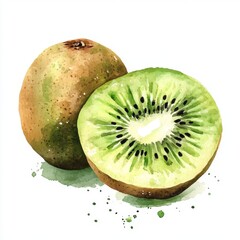 Fresh green kiwi fruits sliced open showcasing vibrant flesh and seeds on a white background
