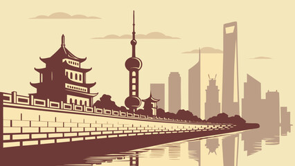 Obraz premium Asian Cityscape Silhouette Blending Ancient Architecture and Modern Skyscrapers Reflected on Water Surface shanghai skyline vector