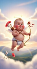 Naklejka premium Cherubic winged infant figure holding a golden bow and arrow flies above a scenic landscape