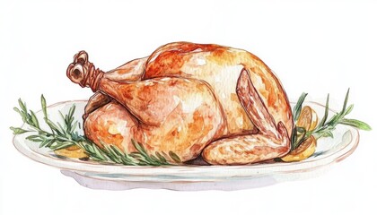 Delicious roasted chicken garnished with fresh herbs on a white plate