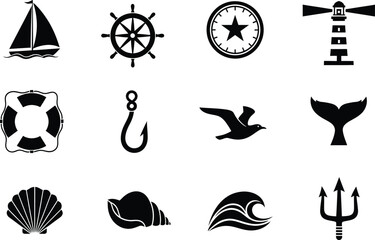 Obraz premium A collection of twelve nautical and maritime icons in black silhouette on a white background.