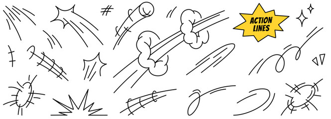 Doodle superhero effects. Comic icons of speed, motion lines, jump, impact effects, flights, explosion symbols. Hand drawn cartoon set. Vector illustration isolated on a white background. © marina_ua