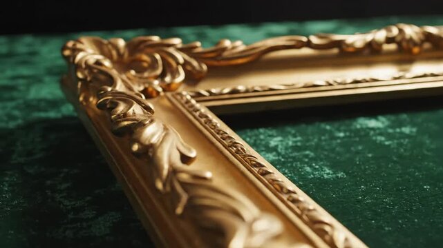 Ornate gold frame corner on textured dark green surface