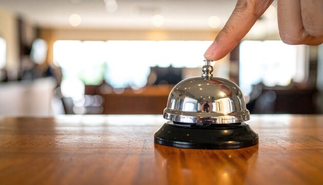 Finger pressing silver service bell on a wooden counter, blurred background