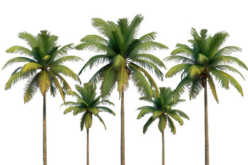 Obraz premium Multiple palm trees with green fronds and tall trunks, creating a tropical island or beach holiday feeling on transparent background