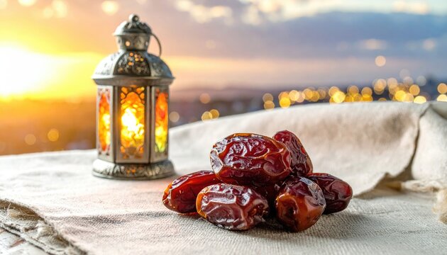Ornate lantern glows with warm light near pile of dates at sunset