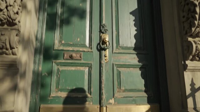 Distressed green door with brass fixtures, ornate stonework framing